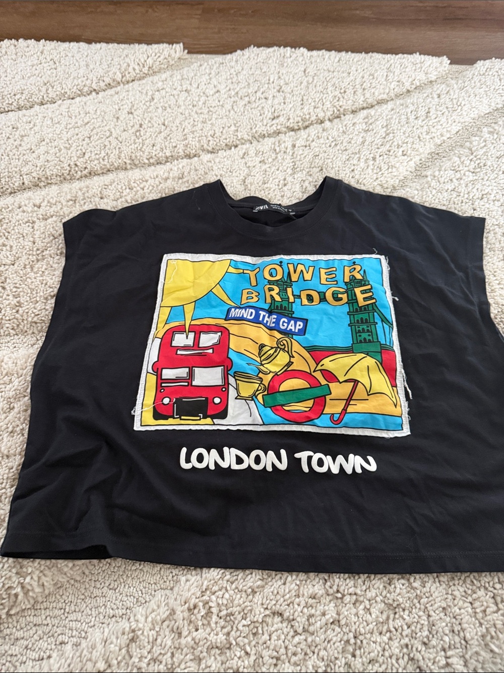 Zara Black Crop Tee with Colorful London Graphic